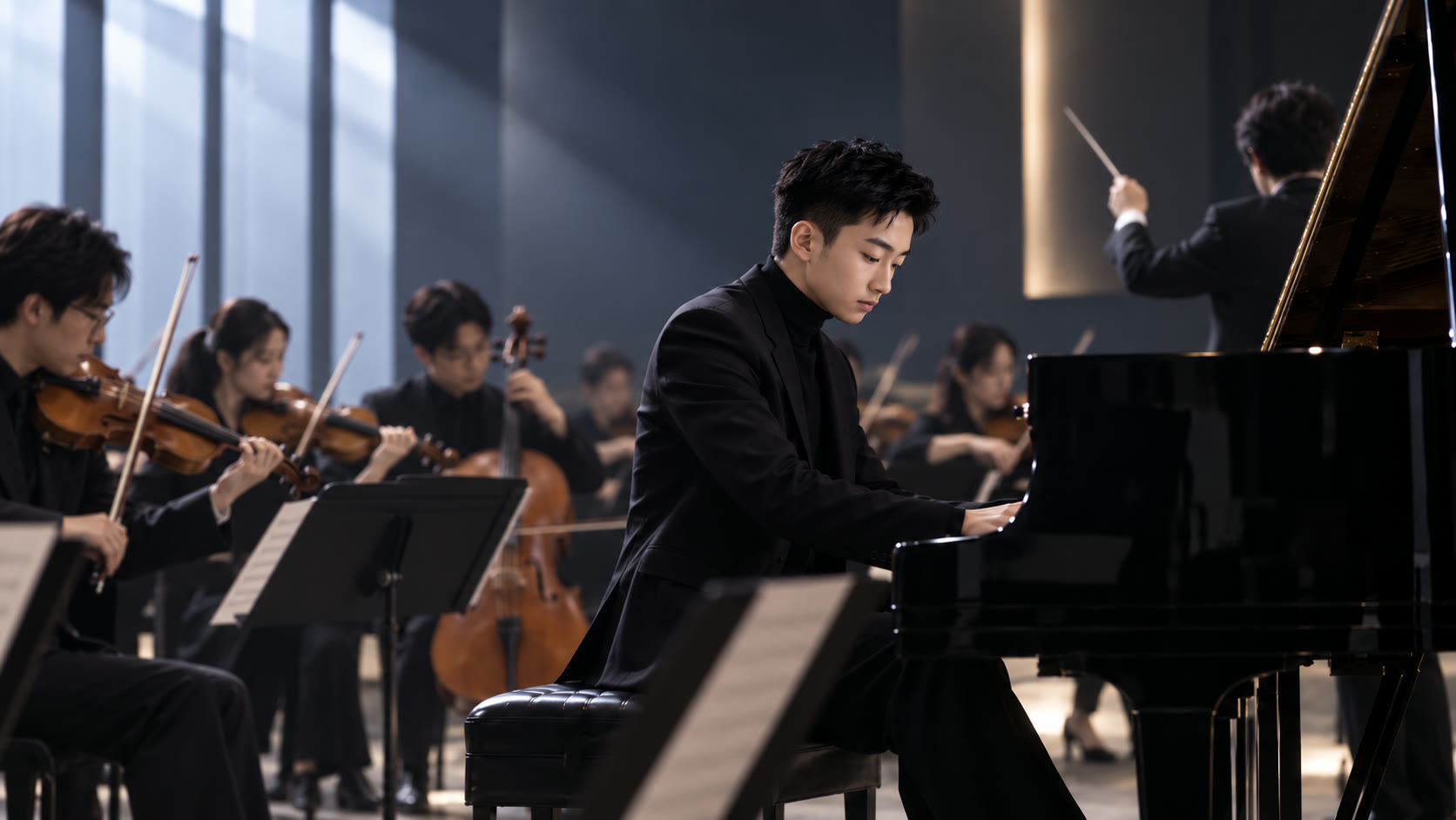 Xiaoliang Qian performing a concerto with a string orchestra and conductor behind him.