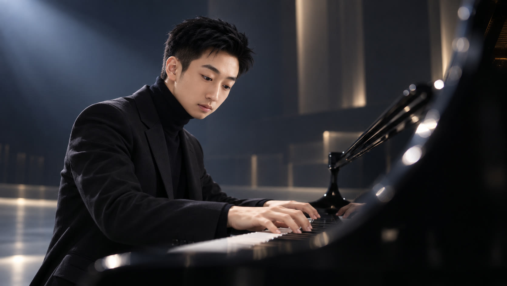 Close view of Xiaoliang Qian&rsquo;s hands on the keyboard, head lowered in concentration.