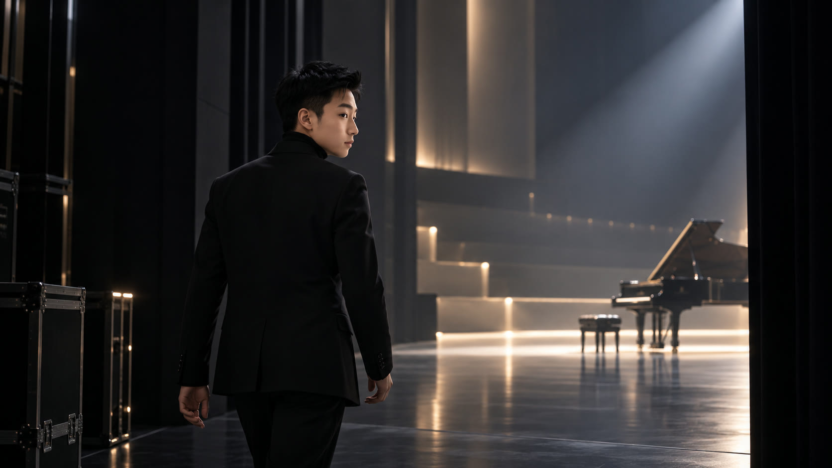 Xiaoliang Qian in the wings, walking toward a lit stage where a grand piano waits.