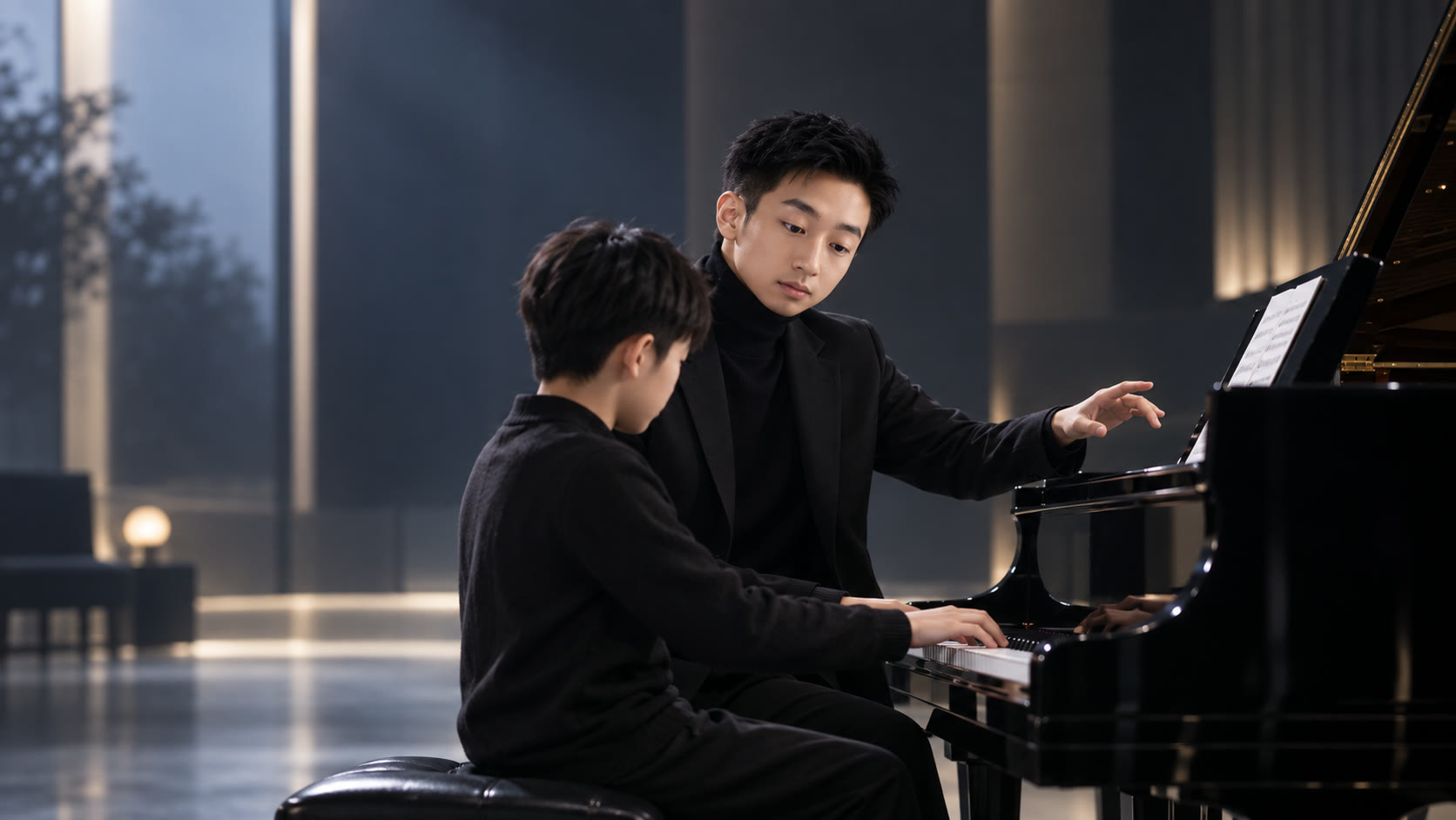 Xiaoliang Qian guiding a young student at the piano, gesturing toward the score.